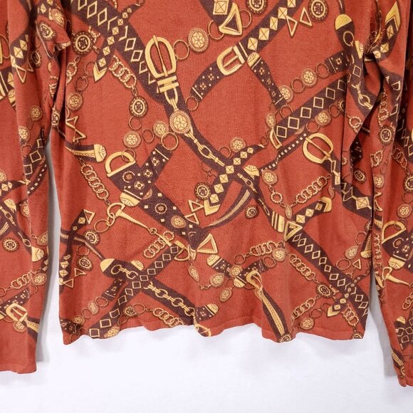 J. McLaughlin Long Sleeve Shirt Medium Ribbed Stretch Orange Gold Print - Picture 4 of 12